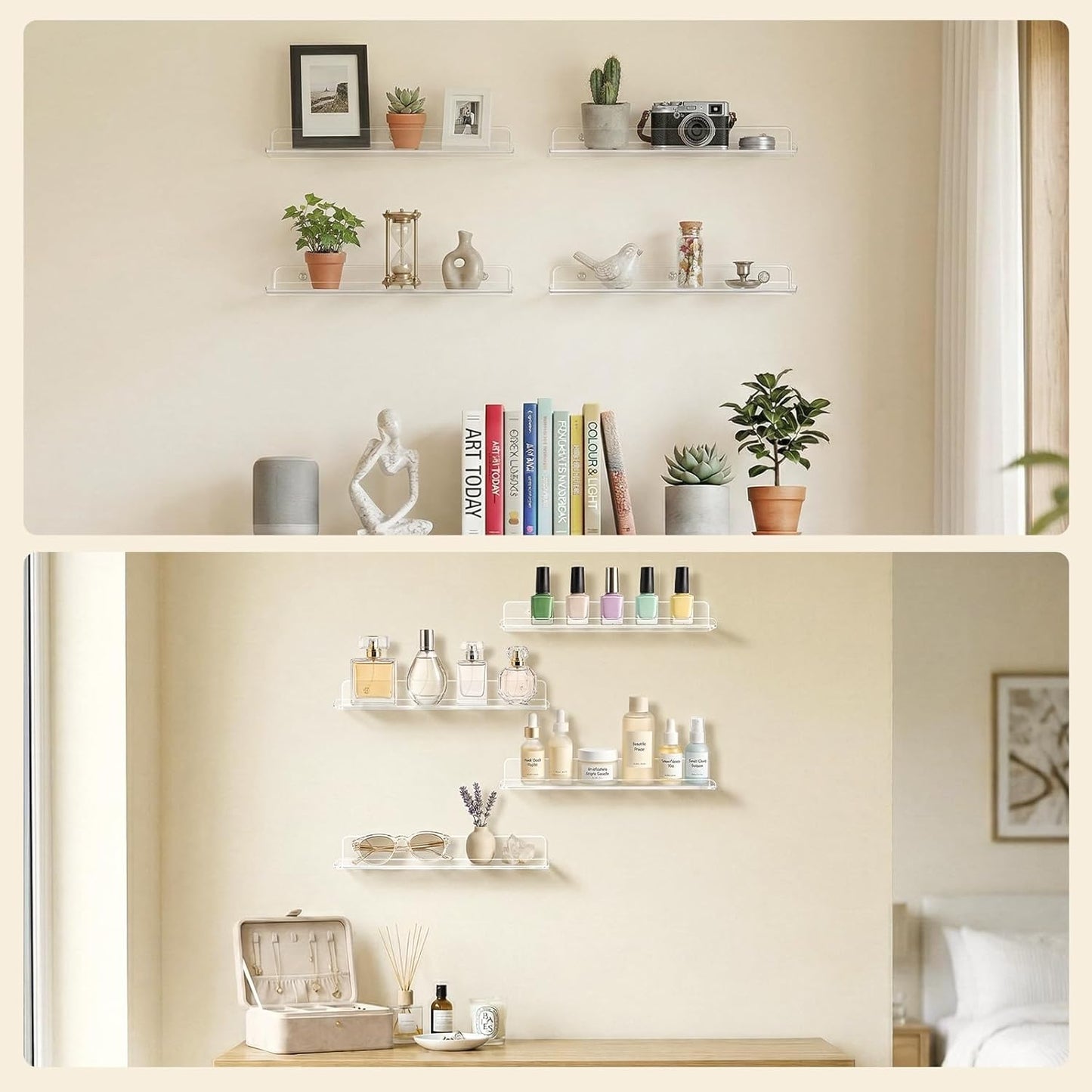 Lifewit Floating Shelves - Acrylic Wall Organizer for Makeup & Decor | 14" Clear Display Rack, 4 Pack