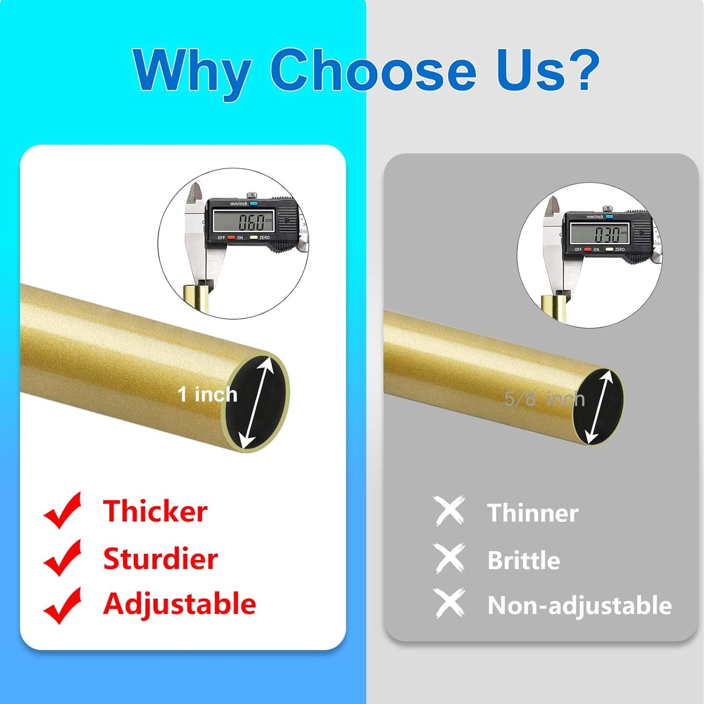 Byondeth Adjustable Curtain Rods - 16 to 60 Inches | 1-Inch Diameter with Flash Gold Aluminium Finials