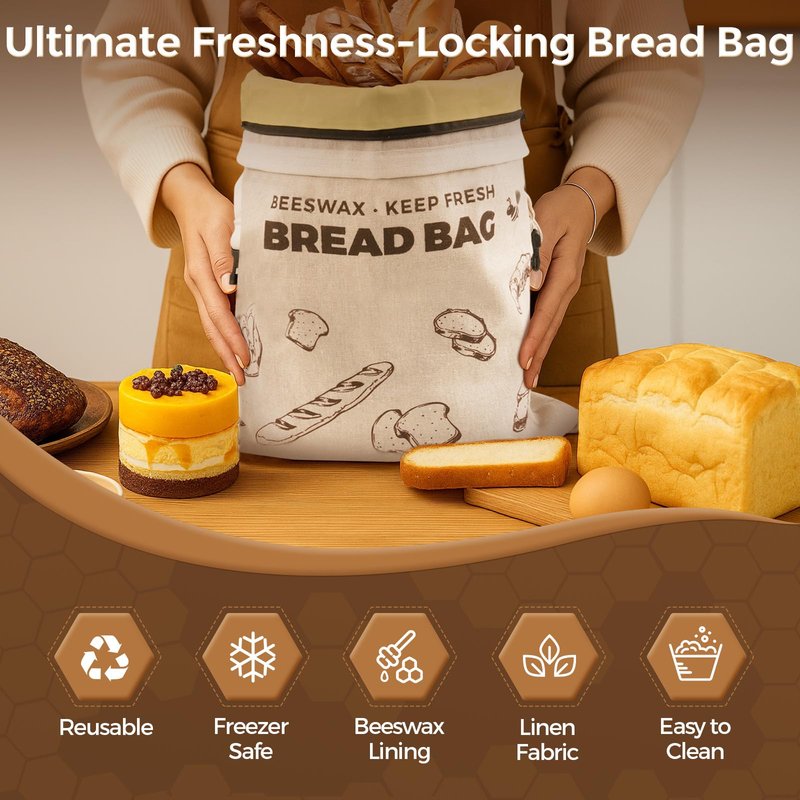 YARRAMATE Beeswax Bread Bags for Homemade Sourdough, Zipper Reusable Linen Food Storage Bags to Keep Loaf Fresh, Large Freezer Safe and Eco Friendly Bread Containers (Brown, 17x13", 2 Pack)