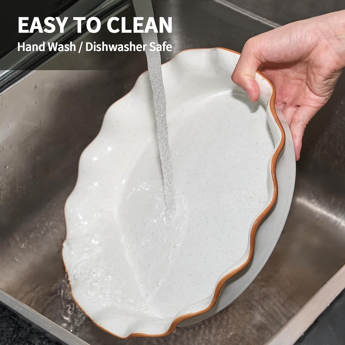 SIDUCAL Non-Stick Ceramic Pie Pan - 10.5 Inch Ruffled Edge, Dishwasher & Oven Safe, White