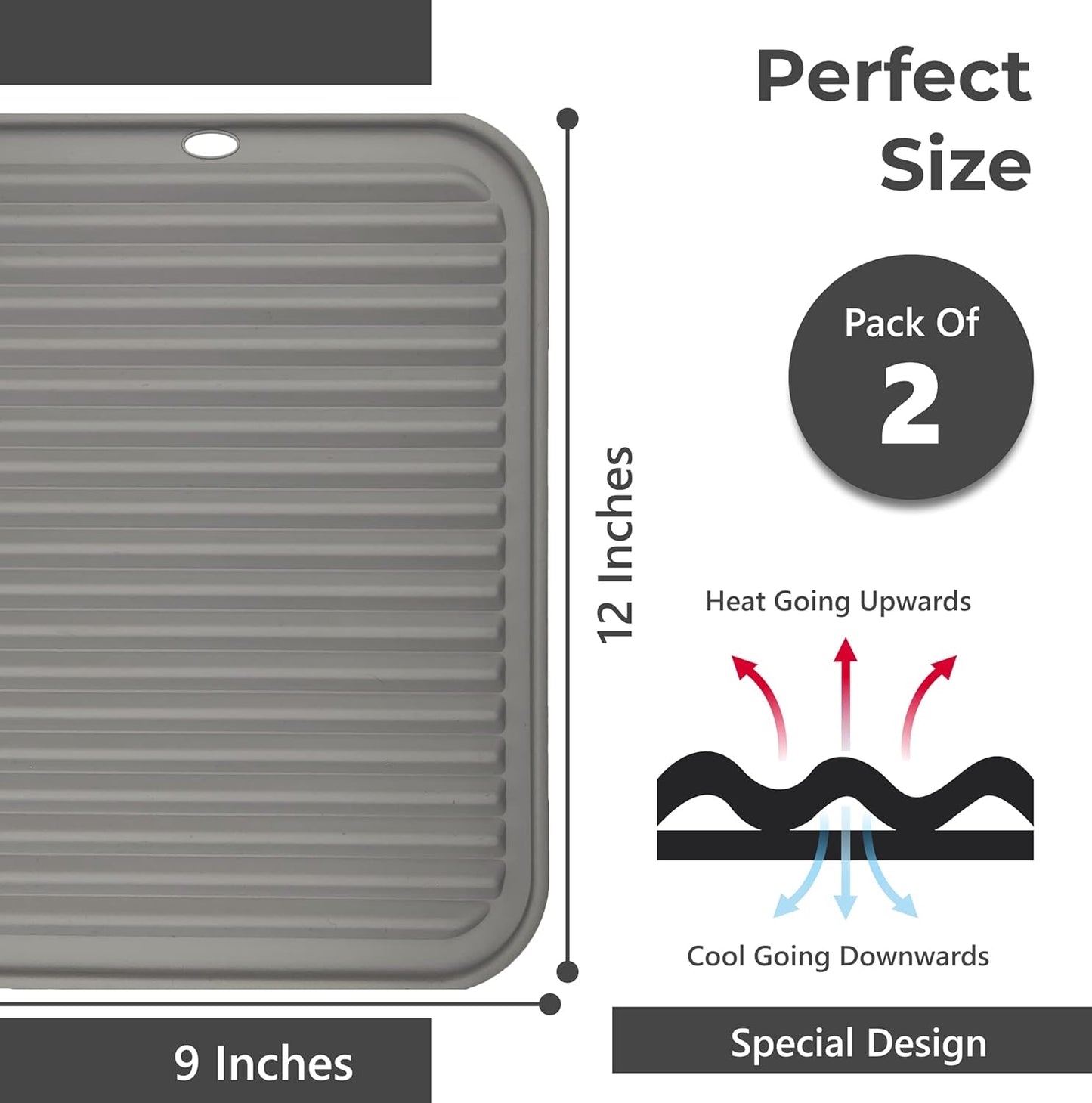 Skiennix Silicone Trivets - Heat-Resistant Pot Holders for Kitchen | 2 Pack, 9 x 12 Inch, Grey