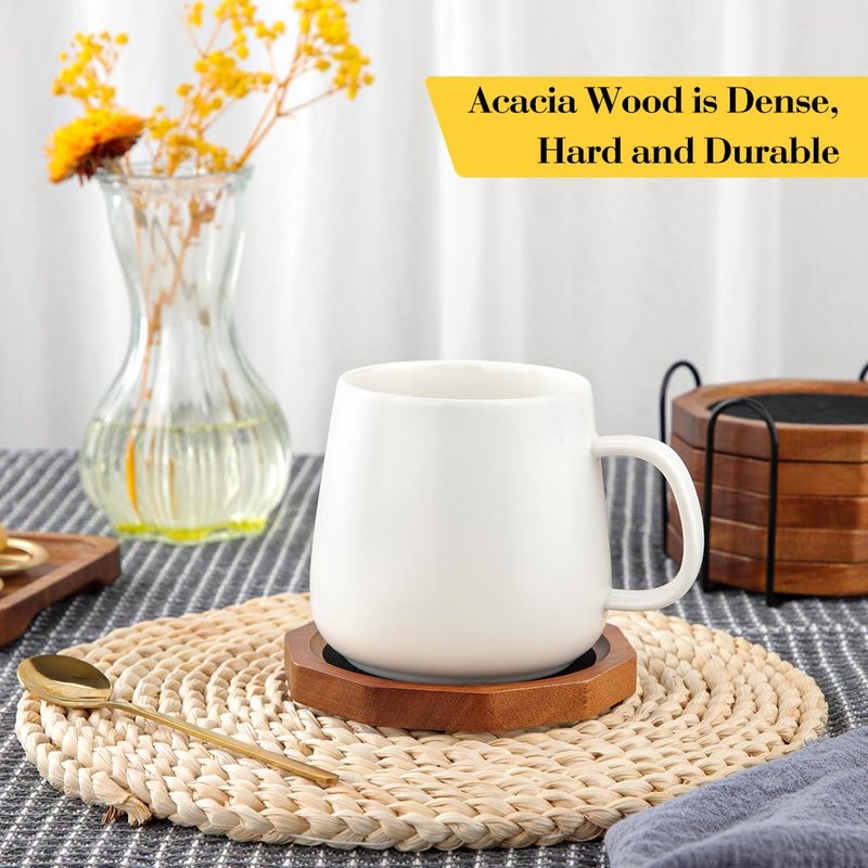 Wood Coasters for Drinks Absorbent with Lip, 4.3 Inch Rustic Acacia Wood Black Felt Coaster with Holder for Wooden Coffee Table for Cups, Mugs, and Glasses - Set of 6