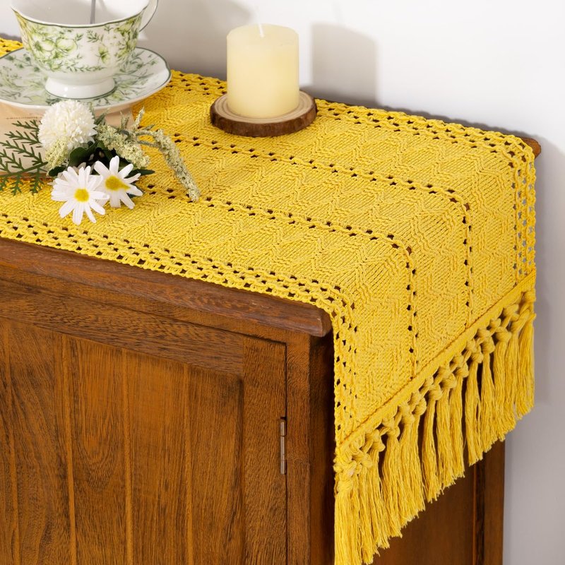 Socomi Boho Table Runner Summer Farmhouse Rustic Dining Kitchen Centerpiece Decor Small Macrame Woven Cotton Linen Coffee Table Runner for Dresser Scarf Home Decor 12x48 in Yellow Gold
