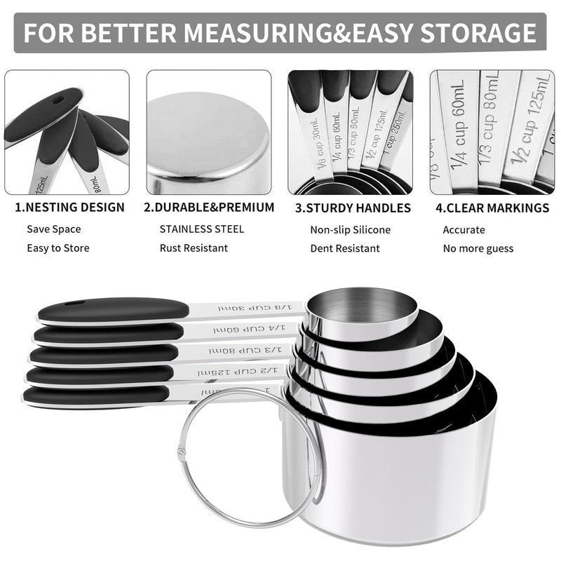 TILUCK Measuring Cups and Spoons Set, Stainless Steel, Kitchen Utensils for Cooking and Baking (10)
