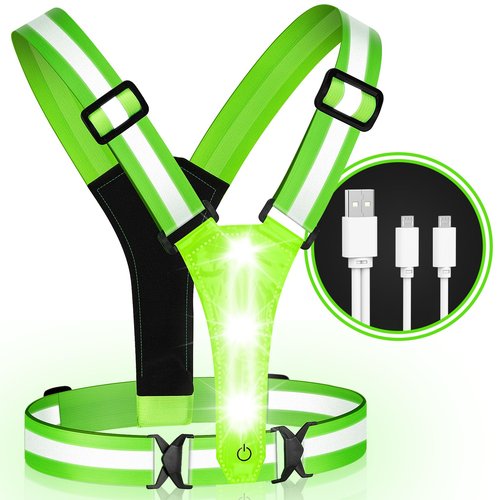 Cabbqiu LED Reflective Running Vest - Light Up With 3 Modes, Rechargeable Night Gear for Runners - Safety Belt for Women Men (GREEN)