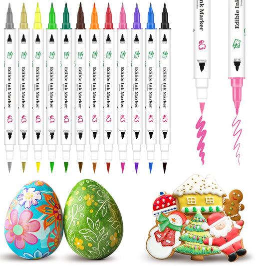 Treedoa Edible Markers - 12Pcs Double-Sided Food Coloring Pens for Cake & Cookie Decorating | Fine & Thick Tips