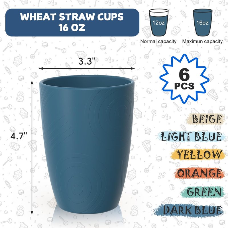 Perlapoc Wheat Straw Cups, Plastic Cups Reusable, Unbreakable Drinking Glasses Set of 6, Plastic Cups for Kitchen Camping Outdoor, 16 OZ Dishwasher Safe Tumblers & Water Glasses, Multi