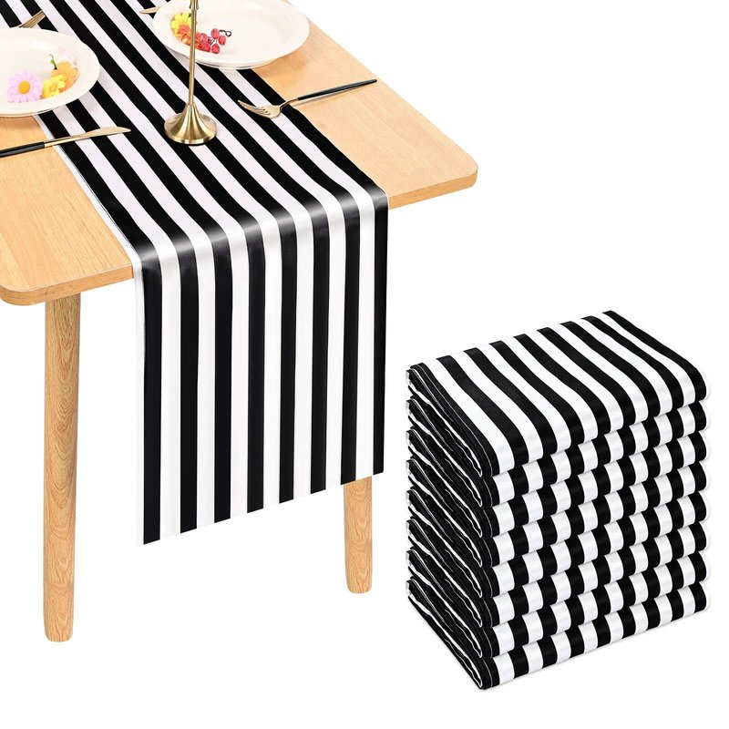 Lykoow 8 Pack Striped Table Runner Polyester Classic Black and White Striped Table Decor for Indoor Outdoor Events, Wedding, Birthday Parties, Banquets and Celebrations (12 x 72 Inch)
