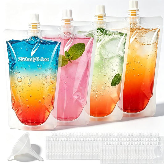 BXUYAOXMC 100Pcs Reusable Liquid Pouches with Funnel, 250ml/8.4oz Clear Leak Proof Drink Bags, Stand-Up Juice Pouches for Travel, Parties, Sports, Camping - Food-Grade PE