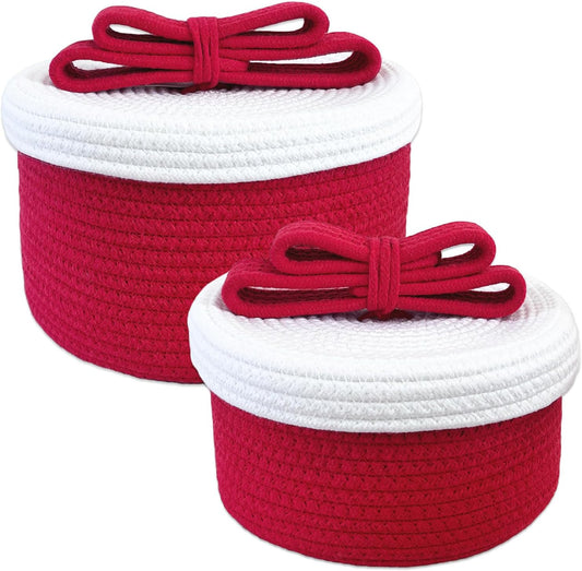 Skiennix Round Woven Rope Storage Basket - Cute Lid & Bow Handle - Ideal for Toys & Home Decor - Red