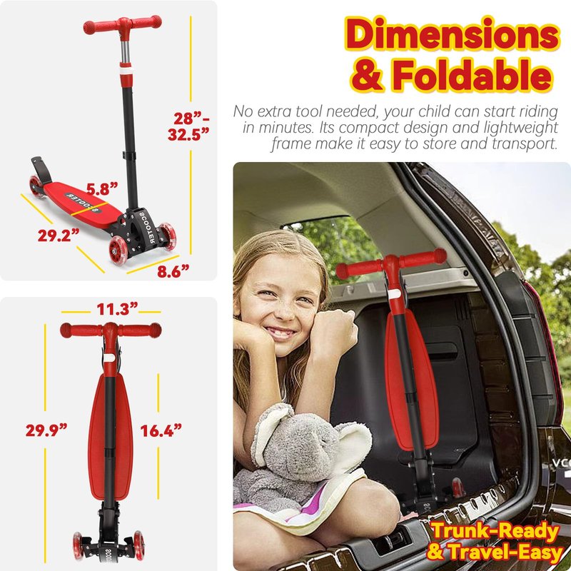 Scooter for Kids 3-12, Kid Scooters with Extra-Wide Deck, 165 lb Capacity, 3 Wheel Lean to Steer Kick Scooter and Height Adjustable Handlebar, Light Up Wheels for Stable Smooth Riding, Xmas Child Gift