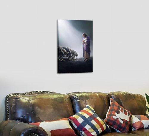 Jesus and Lamb Canvas Wall Art - Christian Shepherd Protects Lamb | Inspirational Home Decor