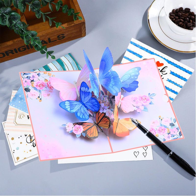 ROBBEAR Pop Up Card, Butterfly and Flower 3D Greeting Card with Envelope for Any Occasion, Birthday, Mother's Day, Anniversary, Valentines Day, Handmade Gifts, Foldable Celebration Cards for Friends