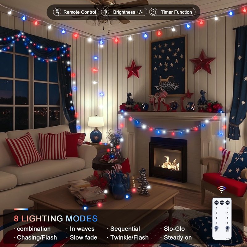 JMEXSUSS Connectable Red White and Blue Lights Indoor Outdoor, 100 LED 33ft 4th of July Decorations Light Plug in, 8 Modes Globe String Lights with Remote for Independence Day Party Patriotic Decor