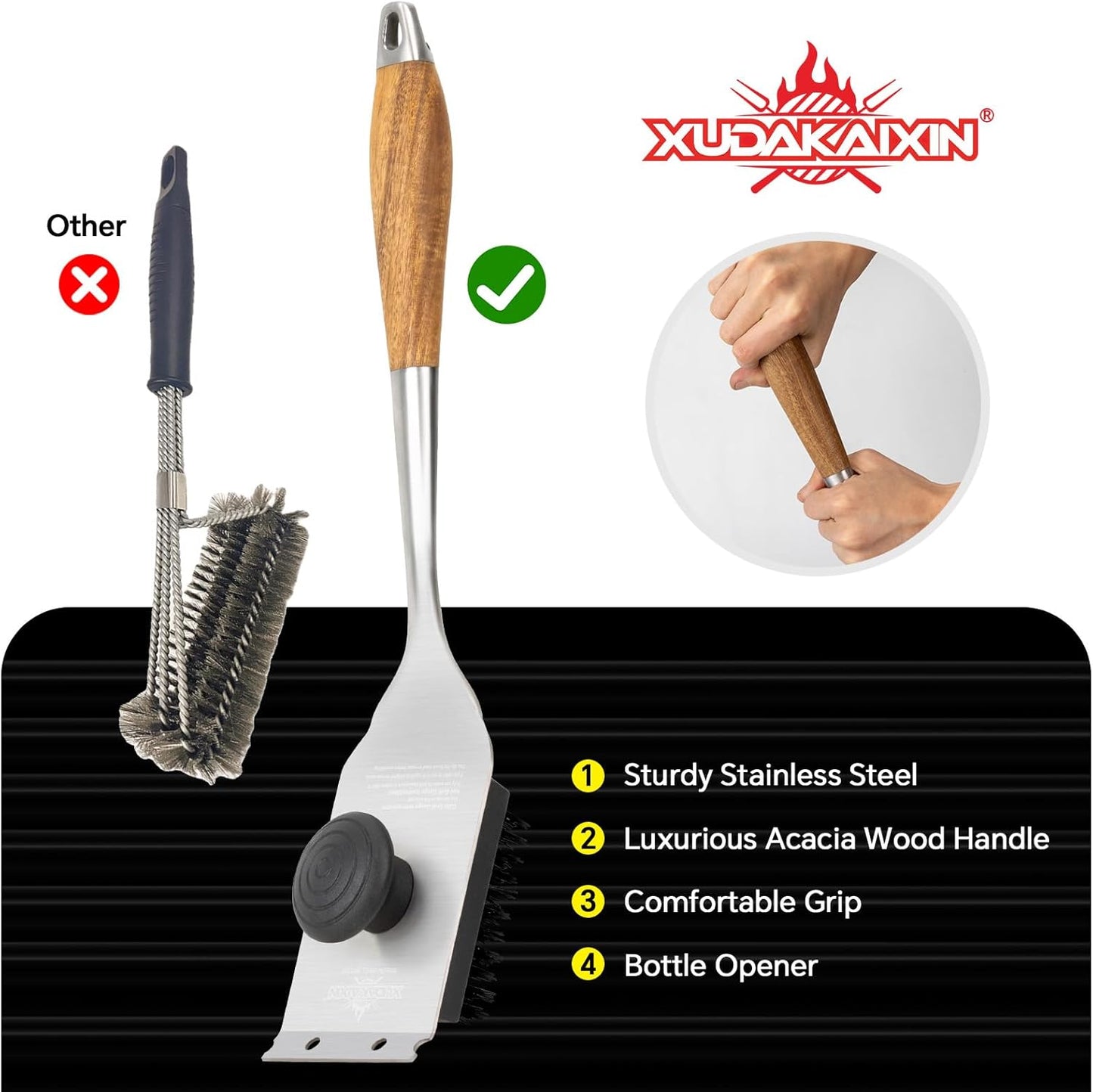 XUDAKAIXIN Nylon Grill Brush - Dual Grip Design with Luxurious Acacia Wood Handle | Safe for Cooled Grates (Black)