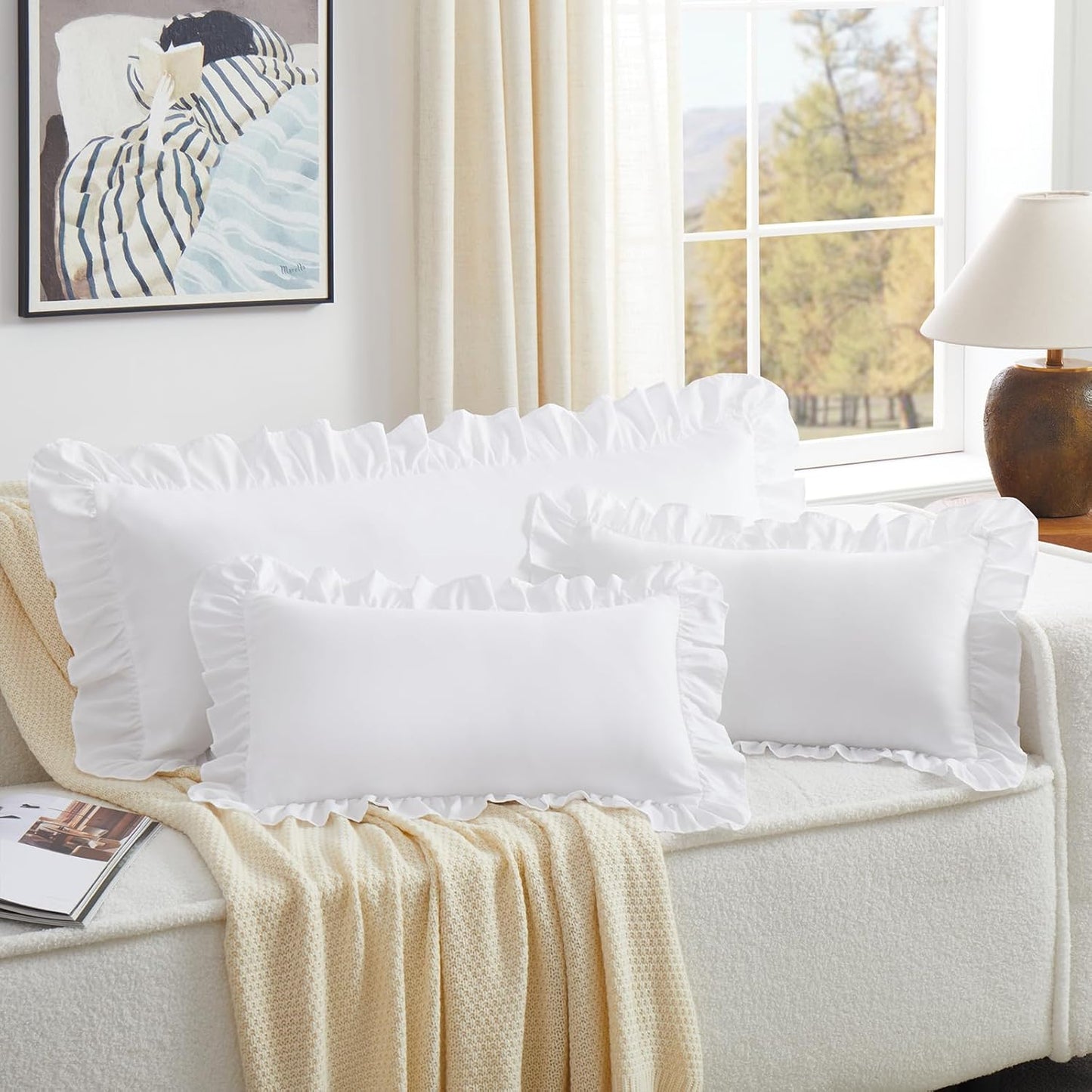 KKJIAF White Lumbar Pillow Cover - Microfiber Ruffled Sham for Couch & Bed | 14x36 Inch