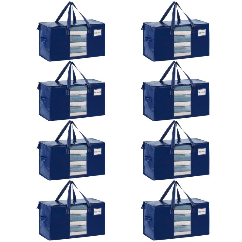 VENO 8 Pack Heavy Duty Moving Bags, Clothes and Comforter Storage Bags with Clear Window, College Dorm Essentials Packing Supplies, Foldable Boxes Alternative (Blue, 8 Pack)