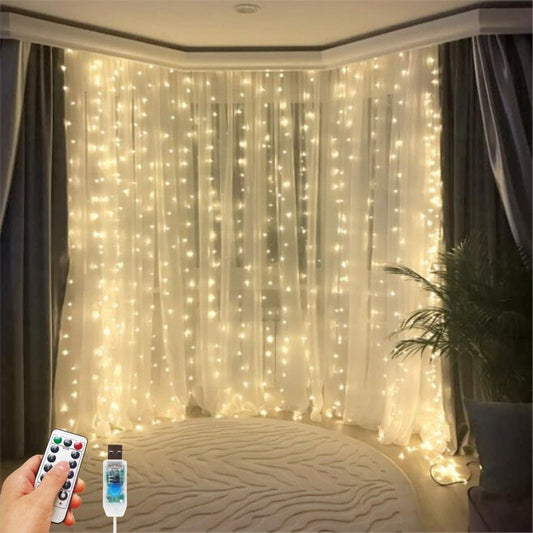 HOLITS 2 Pack 300 LED Fairy Curtain Lights, 9.8 x 9.8FT Warm White USB Plug in 8 Modes String Hanging Lights with Remote for Christmas, Bedroom, Indoor, Outdoor, Weddings, Party (Warm White)