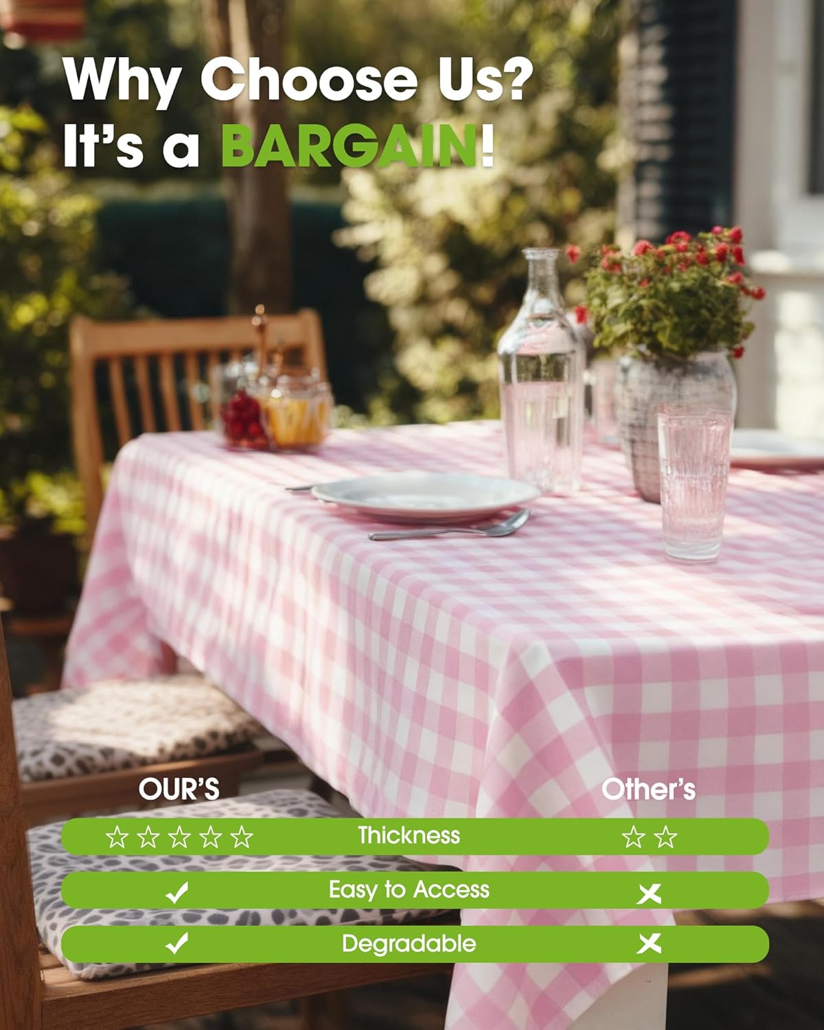 Pureegg Disposable Plastic Tablecloths - Sturdy 54 x 108 Inch Gingham Design, Pink & White Checkered, 8 Pack