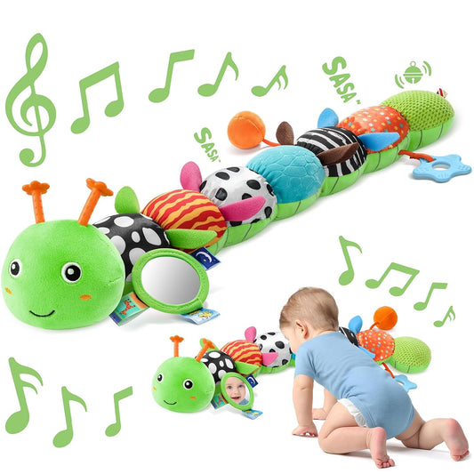 Sumobaby Music Caterpillar Plush Toy - Infant Teething & Tummy Time Rattle | 0-12 Months (Green-Leaf)