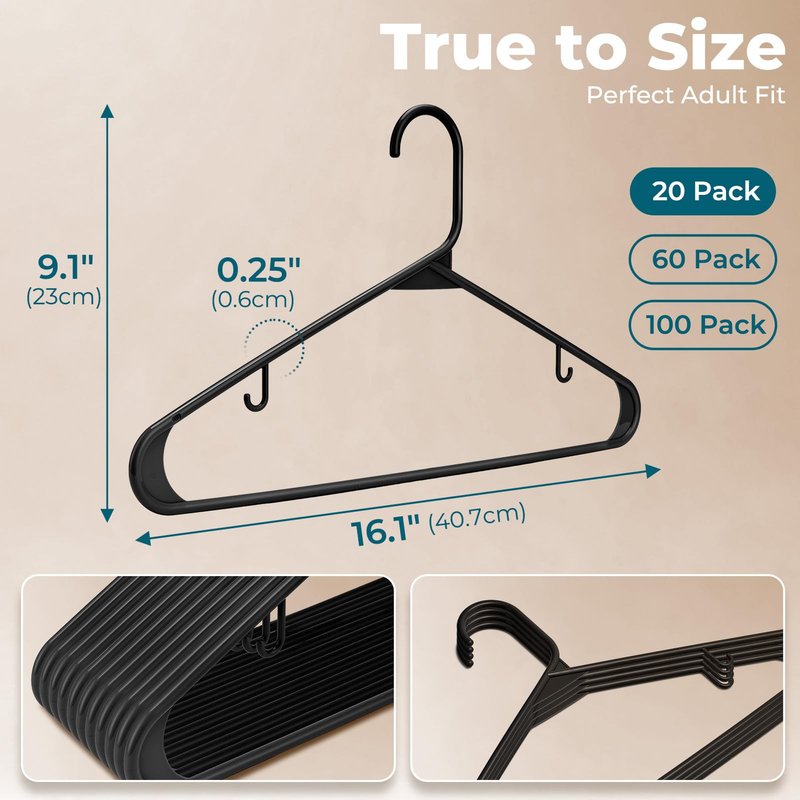 HOUSE DAY Plastic Hangers 20 Pack, Space Saving Clothes Hangers with Built-in Hooks, Durable & Strong Closet Organizers and Storage, Dorm Room Essential, Perfect for Shirts, Coat, Pants, Dress - Black