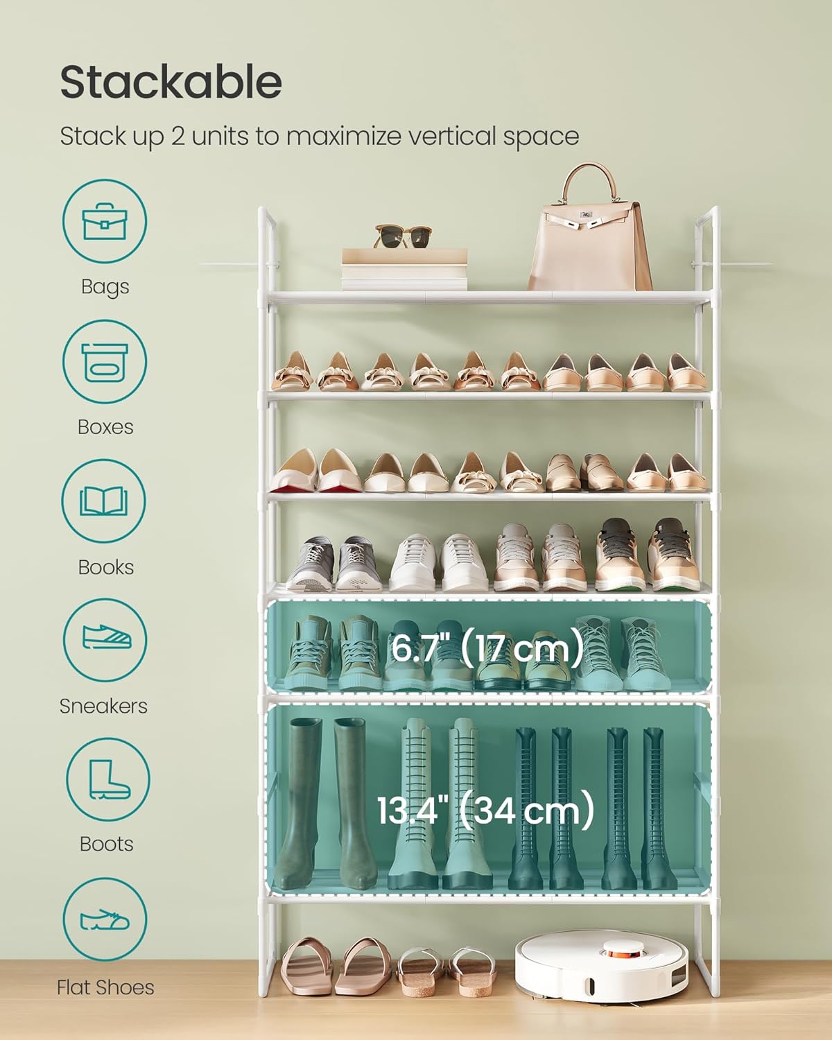 SONGMICS 4-Tier Shoe Rack - Stackable Metal Organizer for 20-25 Pairs | Pearl White, 11.8 x 36.2 x 29.1 Inches