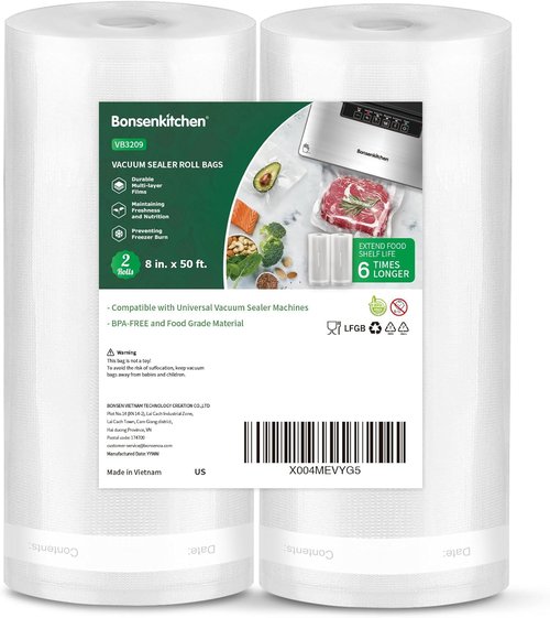 Bonsenkitchen Vacuum Sealer Bags - Heavy Duty 8" x 50' Rolls | BPA-Free Food Storage & Sous Vide Cooking