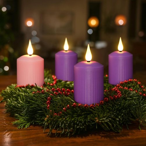 Daord D2 x H4 Advent LED Candles - Set of 4 Flameless Pillar Candles in Purple & Pink for Christmas Decor