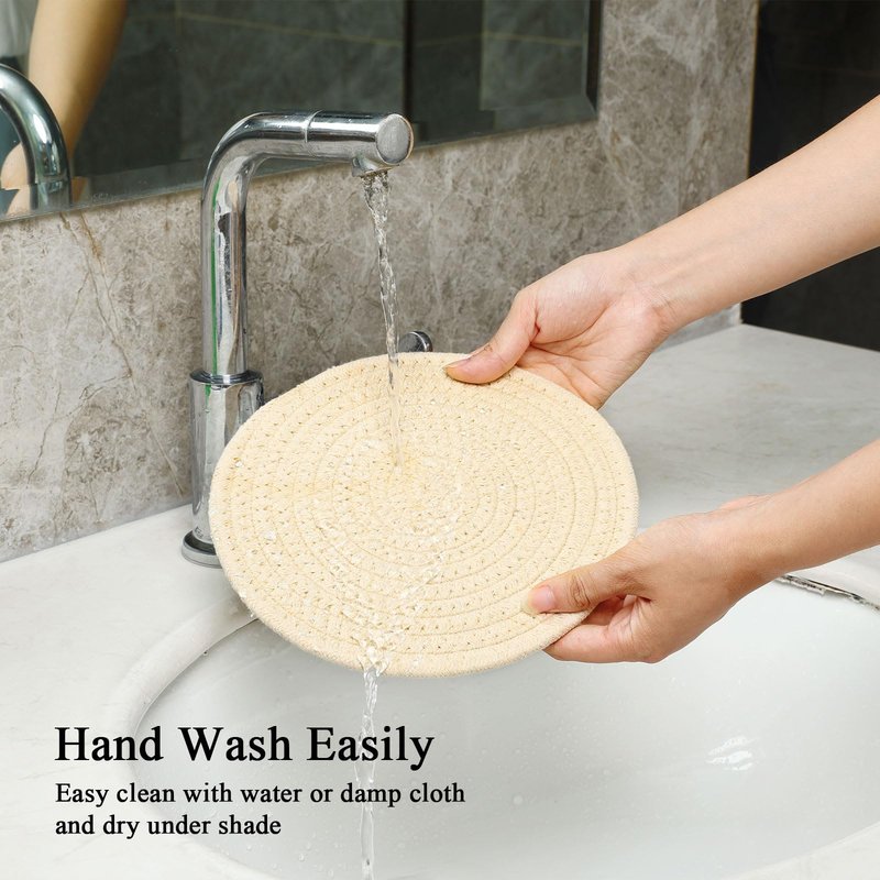 SHACOS 8 Inches Trivets for Hot Dishes, Pot Holders for Hot Pots and Pans, Handmade Cotton Woven Trivets Set, Heat-Resistant Hot Pads Plate Mats for Kitchen Countertops, Table Decor (Khaki, 4pcs)