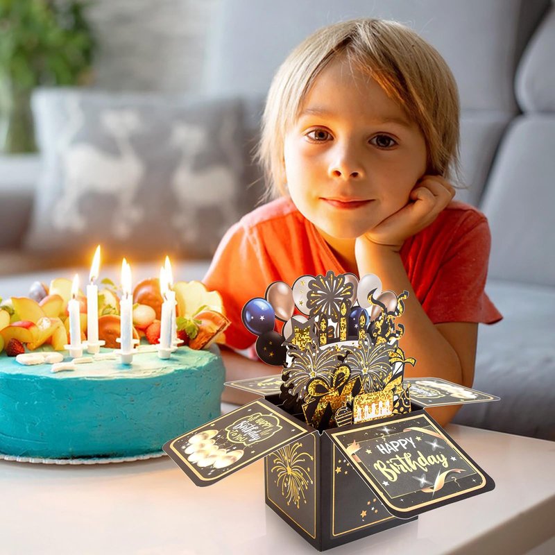 Surprise Pop Up Happy Birthday Cards, Lovely 3D Birthday Card for Adults and Kids with Envelopes, Unique Design Handmade Foldable Greeting Cards for Daughter, Son, Mom, Dad, Friend（Black）