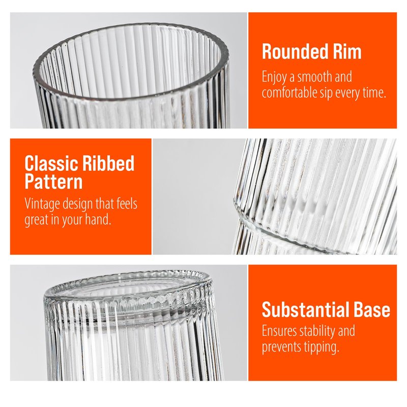 SUROQUE 20oz Ribbed Glass Tumblers with Lids & Straws, Ideal for Iced Coffee, Cocktails & More - Includes Cleaning Brush
