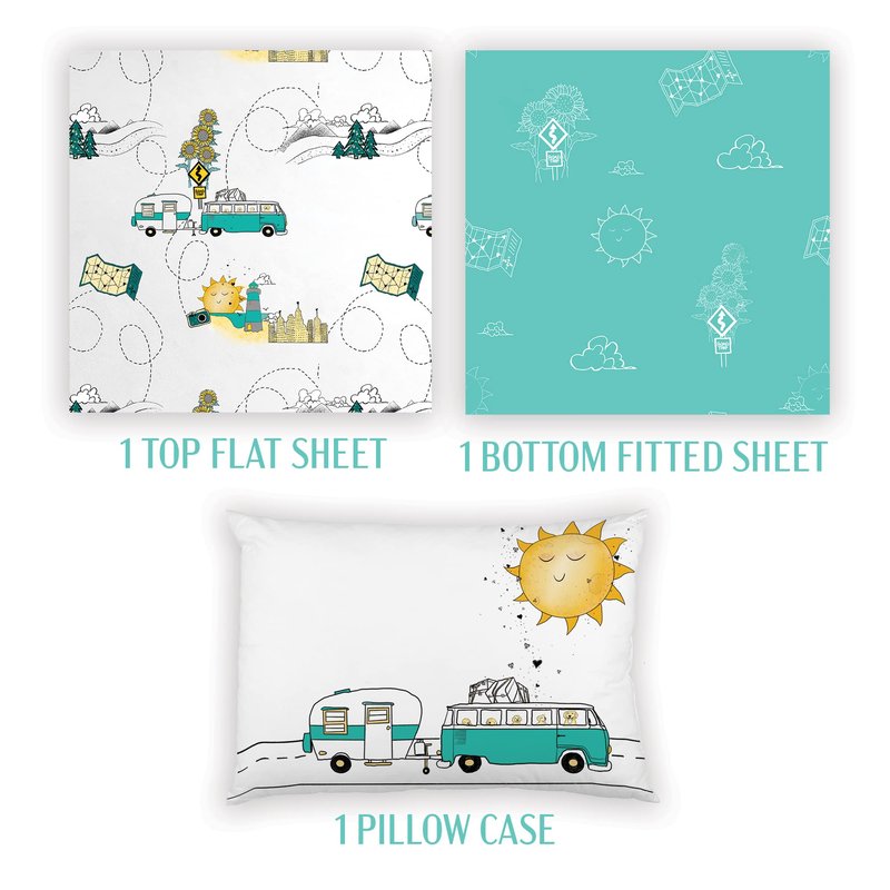 JumpOff Jo - 3-Piece Kids Twin Bed Sheet Set - Super Soft Durable Hypoallergenic, Breathable, Microfiber Polyester - Themed Bedding for Toddler Beds & Twin Beds - Travel Road Trip