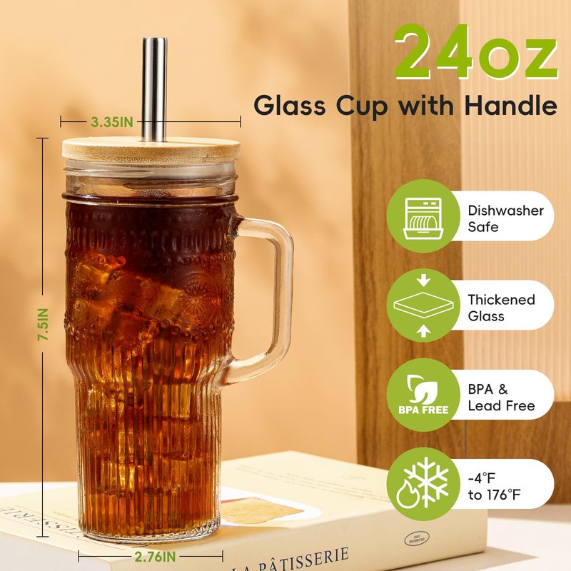 JunVpic Glass Cups with Bamboo Lids and Straws, 24oz Glass Tumbler with Handle, Stainless Steel Straws & Cleaning Brushes – Boho Pattern Iced Coffee Cup for Smoothies, Tea, and Gifts, Set of 2
