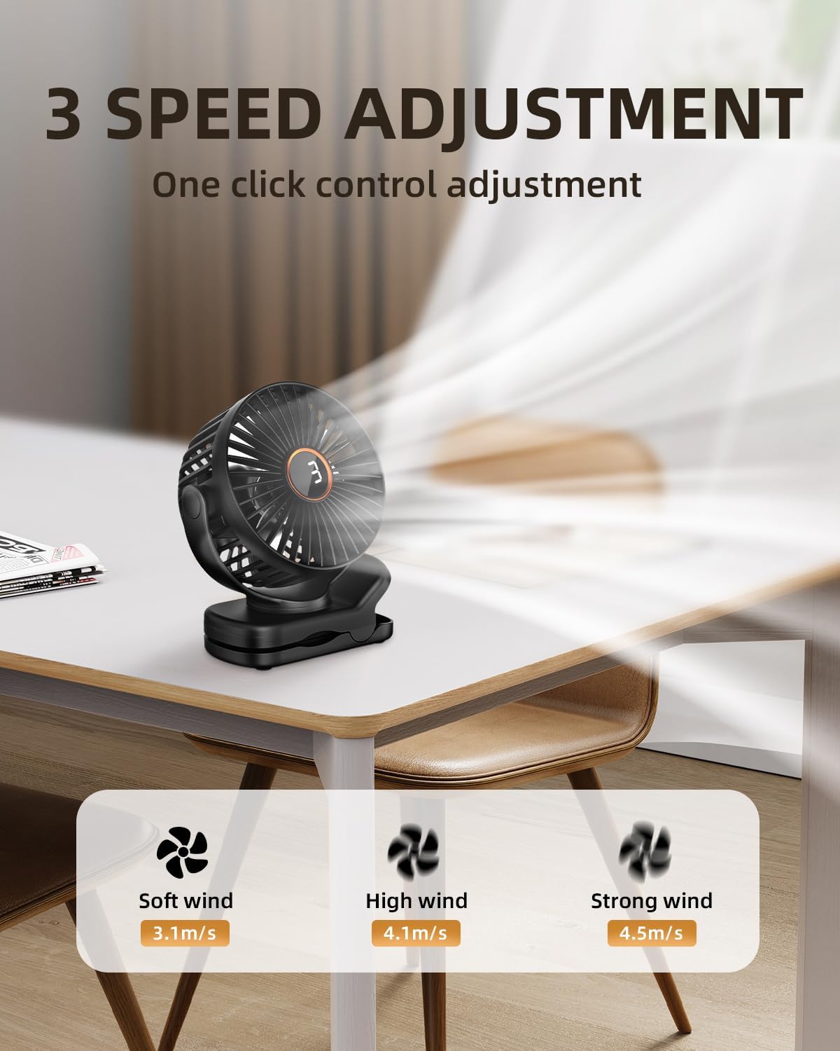 TUNISE Mini Clip-On Fan - Battery Operated, 3-Speed Adjustable, 360° Rotation - Portable Black Fan for Home & Office