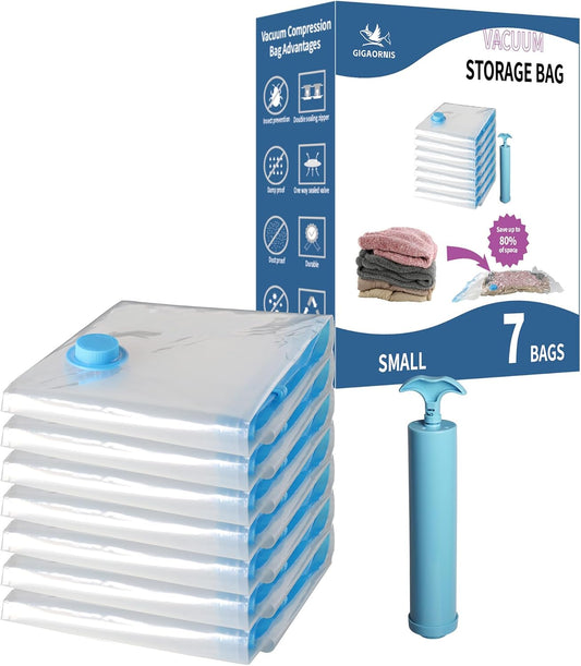 Skiennix Vacuum Storage Bags - 7 Pack Small Space Saver for Clothing & Travel | Includes Hand Pump
