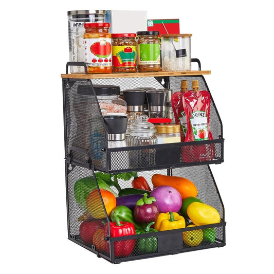 2 Tier XXL Stackable Hanging fruit basket for kitchen counter,hanging Wall baskets with Bamboo Tops & Tag,Wire basket for Cabinet Shelf Countertop Pantry Organizer Bins, onion potato Vegs Bread Organi