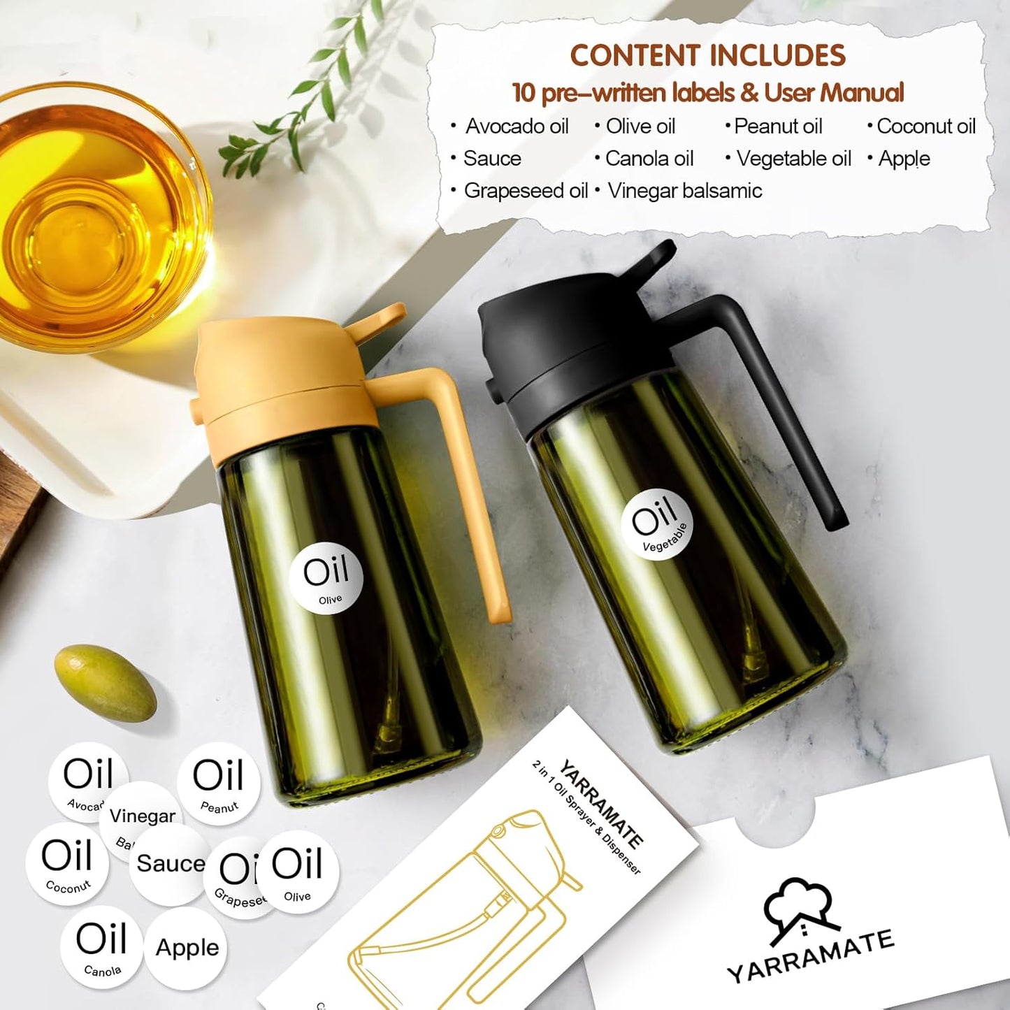 YARRAMATE Dark Green Glass Oil Sprayer - 16oz Light-Blocking 2-in-1 Olive Oil Dispenser for Cooking | Food-Grade Mister for Air Fryer & BBQ