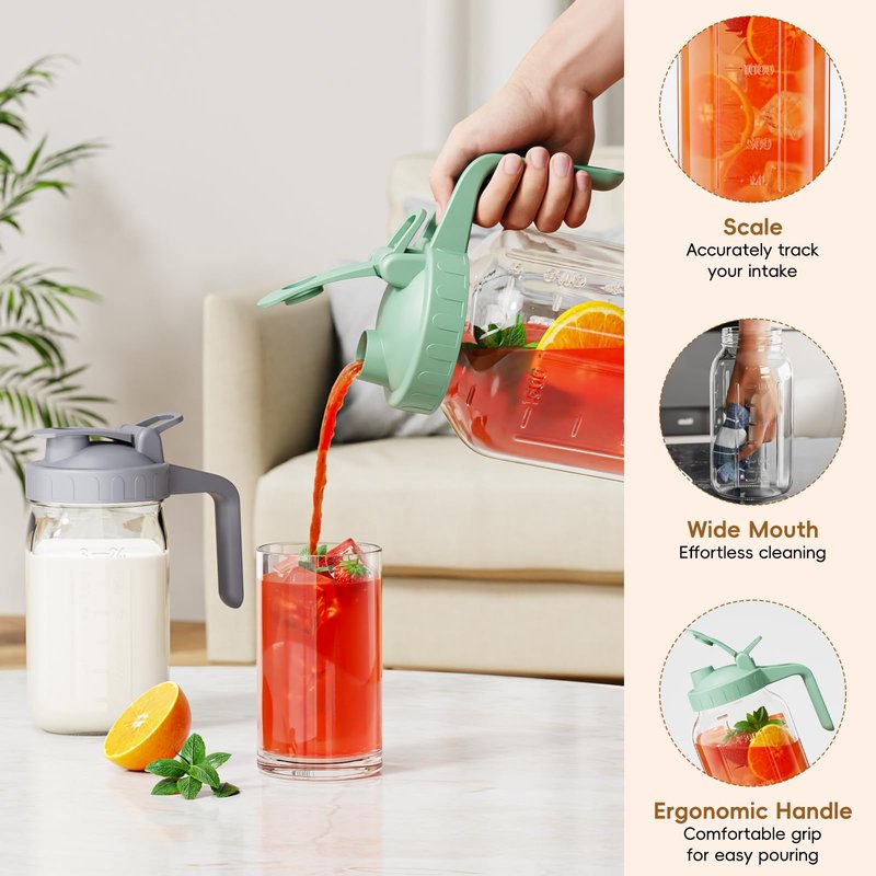 Glass Mason Jar Pitcher, 64 oz Wide Mouth Jug with Pour Spout Handle Lid for Cold Brew Coffee, Ice Beverage, Iced Juice, Lemonade, Sun Tea, Fruit Drinks Container(Gray)