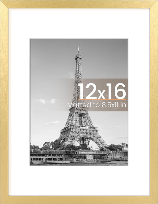 Upsimples 12x16 Picture Frame - Elegant Gold Wall Hanging Frame for 8.5x11 Photos with Mat