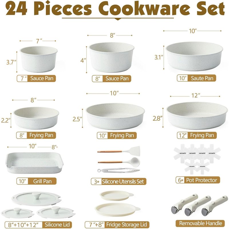 SENSARTE 24 Piece Pots and Pans Set, Nonstick Detachable Handle Cookware, Induction Kitchen Cookware Set with Removable Handle, Healthy Non Stick for RV, Dishwasher ＆ Oven Safe (White)