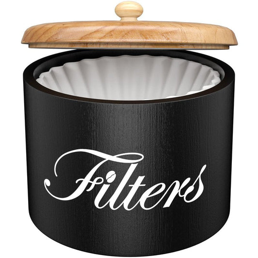 Wooden Coffee Filter Holder with Lid - Round Storage Container for Counter - Rustic Farmhouse Coffee Bar Accessories (Black)