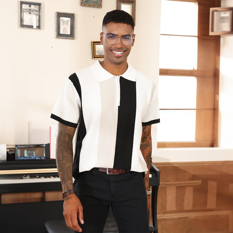 Men's Fashion Polo Shirts Vintage Striped Knitting Shirts Casual Slim Fit Golf Shirts White