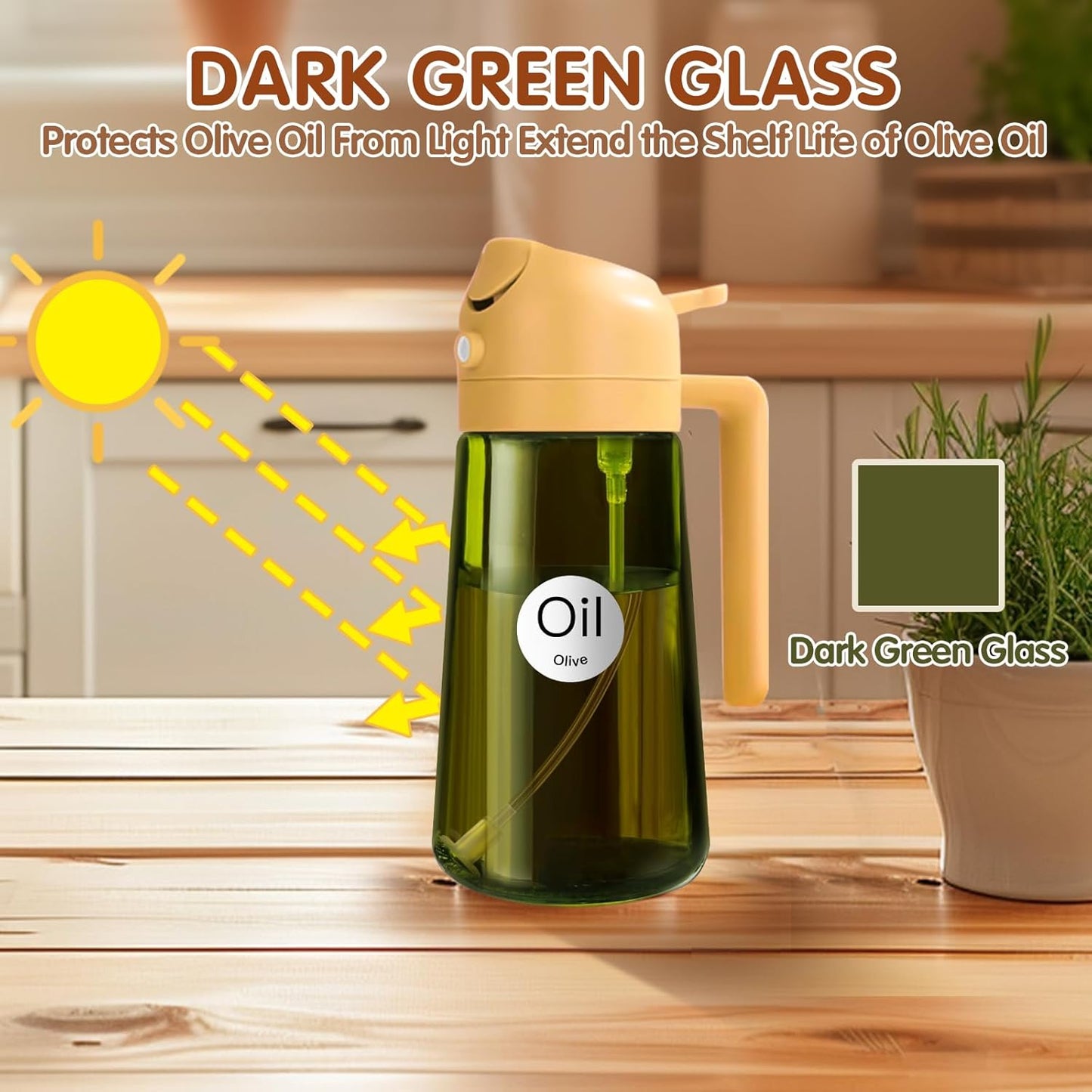 YARRAMATE Dark Green Glass Oil Sprayer - 16oz Light-Blocking 2-in-1 Olive Oil Dispenser for Cooking | Food-Grade Mister for Air Fryer & BBQ