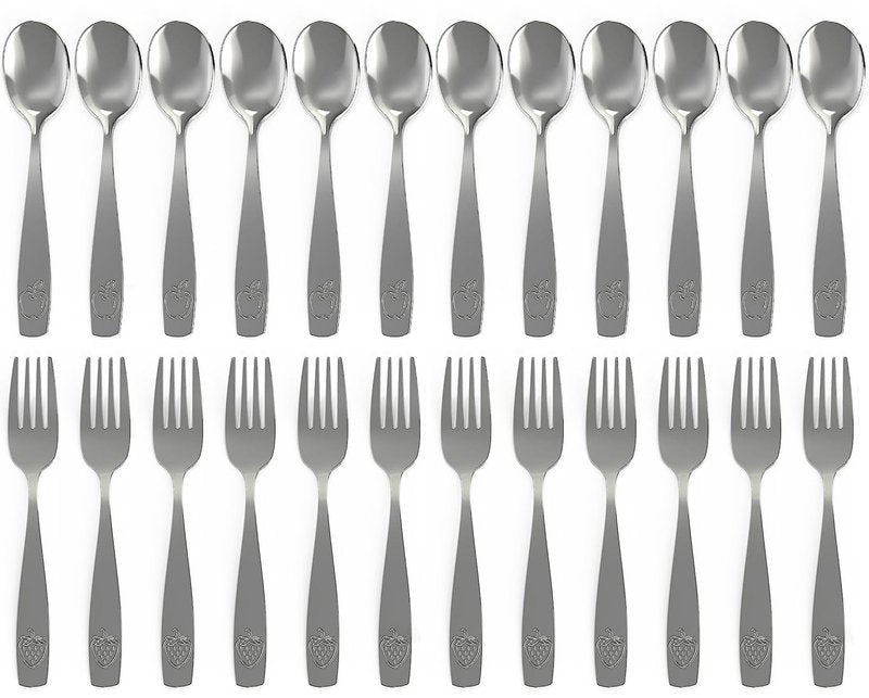 CHILLOUT LIFE Stainless Steel Kids Silverware Set 24 Pieces (2 Pack of 12) - Child and Toddler Safe Flatware - Kids Utensil Set - Metal Kids Cutlery Set (Includes 12 Small Kids Spoons & Kids 12 Forks)
