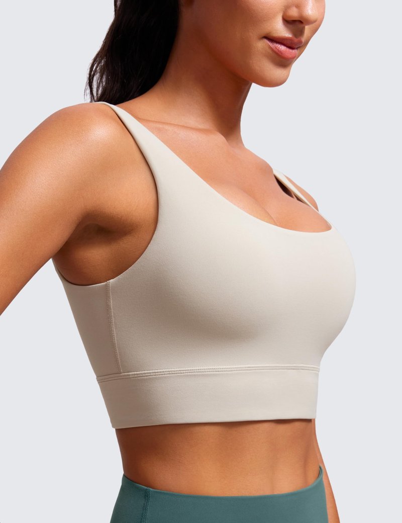 CRZ YOGA Butterluxe U Back Longline Sports Bras for Women - Scoop Neck Padded Yoga Workout Crop Top with Built in Pads Mojave Tan Medium