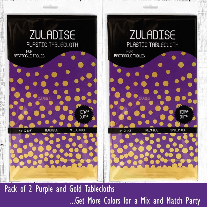 ZULADISE 2 Pack Premium Purple and Gold Plastic Tablecloths – Thick, Durable, Reusable Table Covers (54 x 108 in) – Stylish Party Decor for Birthday, Rapunzel, Tangled, Purple Birthday Decorations