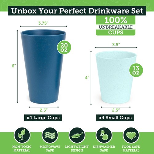 Grow Forward Premium Wheat Straw Cups - 13 & 20 oz Unbreakable BPA Free Hard Plastic Cups – Reusable Lightweight Plastic Drinking Glasses for Kitchen, Outdoor, Water, Camping, RV - Seascape