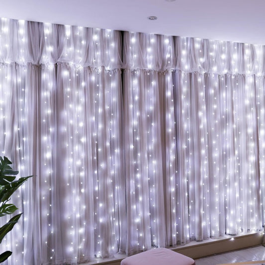 HXWEIYE 300LED Fairy Curtain Lights, 9.8x9.8Ft USB Plug-in 8 Modes Christmas String Hanging Lights with Remote for Bedroom Backdrop Wedding Indoor Wall Decor, White, Standard – 1 Pack