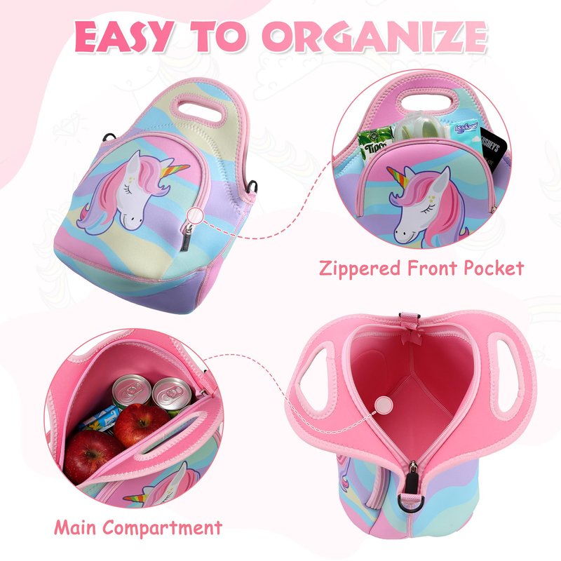 Lunch Bag for Kids, Chasechic Cute Lightweight Neoprene Insulated Lunch Boxes Tote with Detachable Adjustable Shoulder Strap (Unicorn)