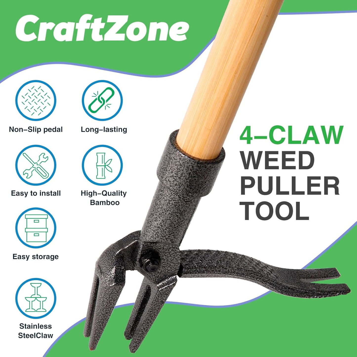 Skiennix Stand-Up Weed Puller Tool - 4-Claw Steel Head with Wooden Handle | Effortlessly Remove Weeds Without Bending